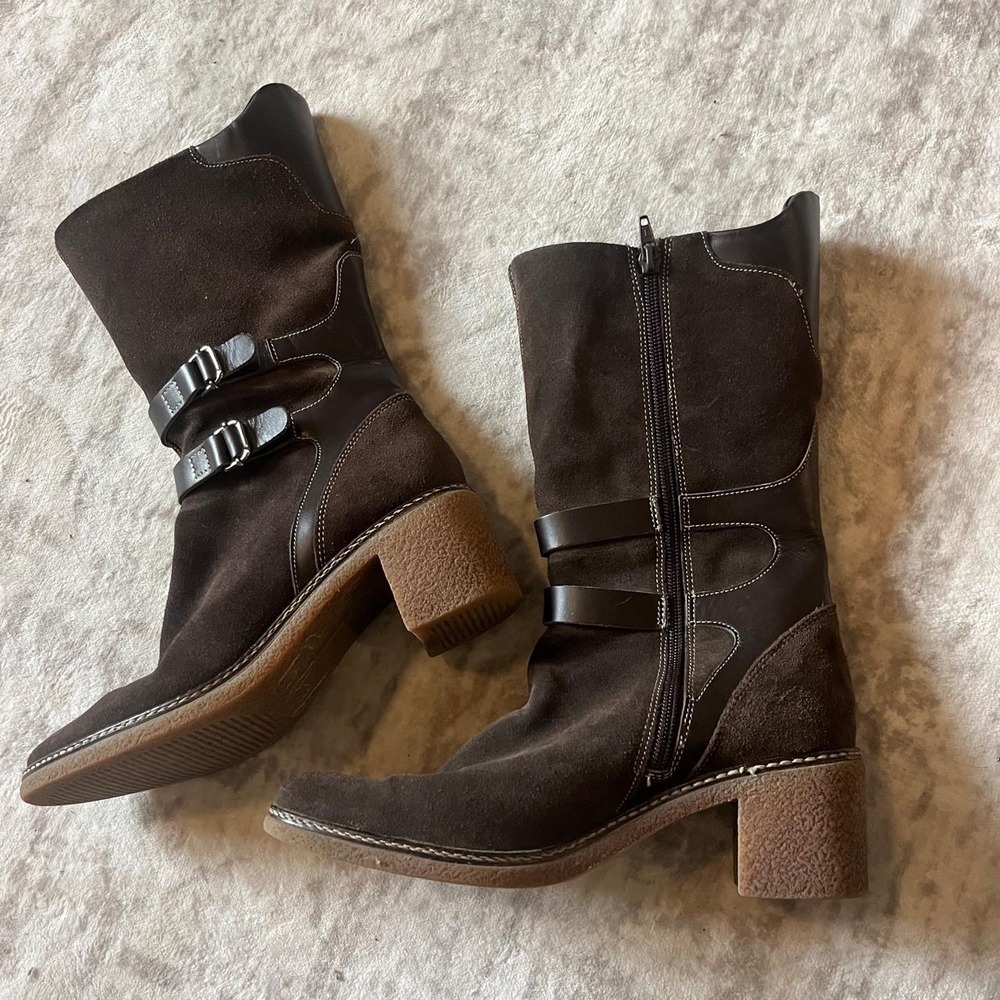 Aquatalia Brown Suede Boots Mid-Calf Leather Buckle Silver Block Heel